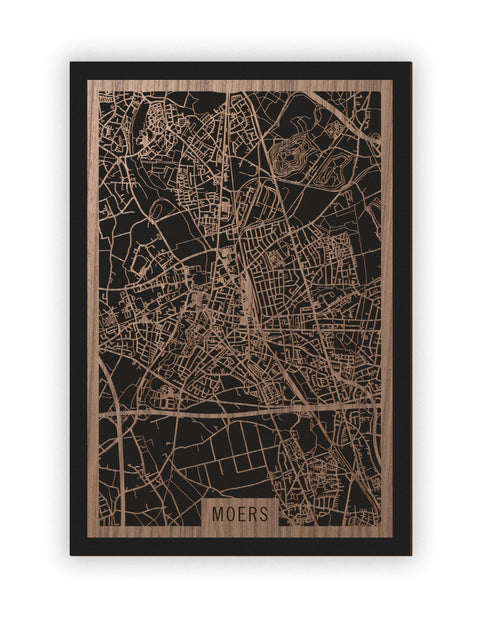 Stadtplan Moers aus Holz – Wandbild in Nussbaum ohne Rahmen