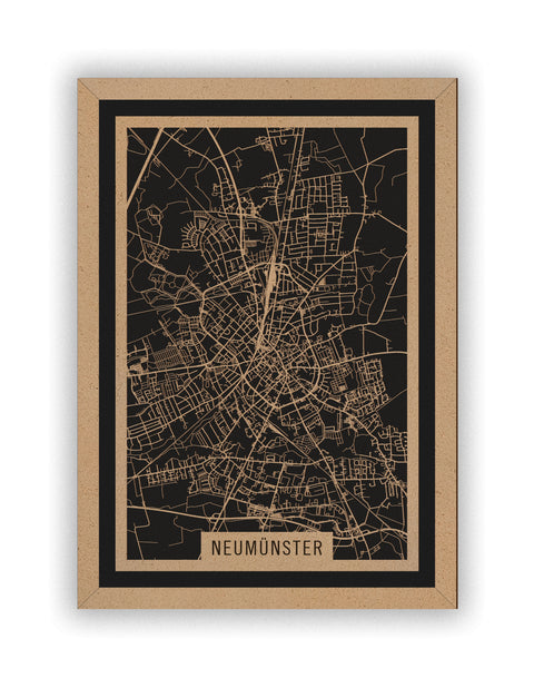 Stadtplan Neumünster aus Holz – Wandbild in Natur mit Rahmen