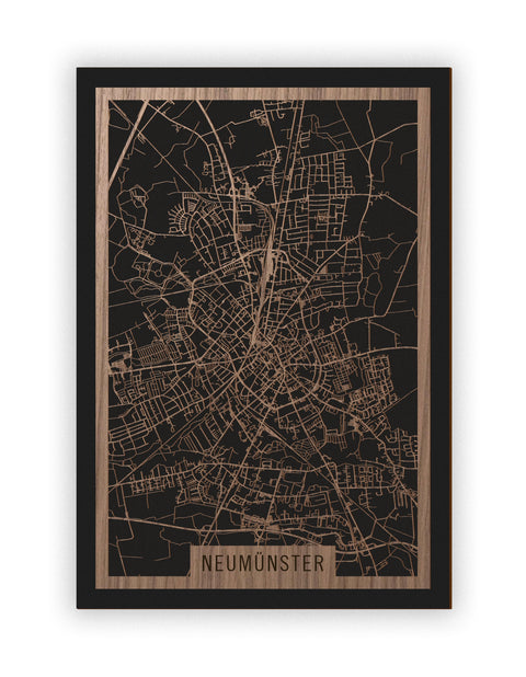 Stadtplan Neumünster aus Holz – Wandbild in Nussbaum ohne Rahmen