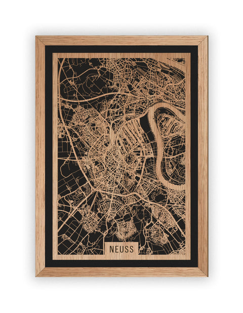 Stadtplan Neuss aus Holz – Wandbild in Eiche mit Rahmen
