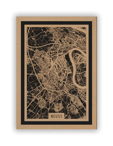 Stadtplan Neuss aus Holz – Wandbild in Natur mit Rahmen