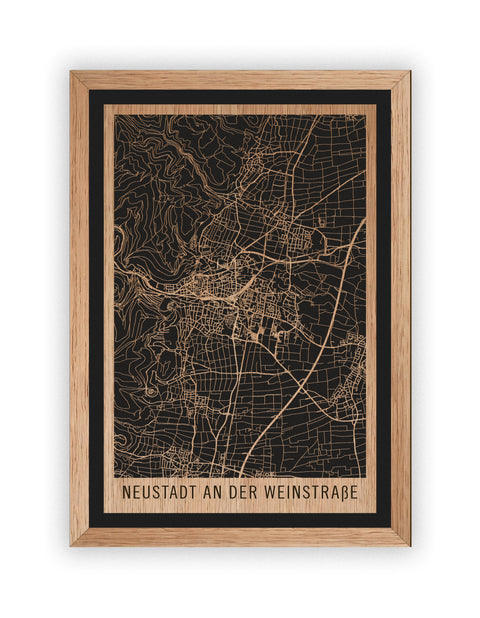 Stadtplan Neustadt an der Weinstraße aus Holz – Wandbild in Eiche mit Rahmen