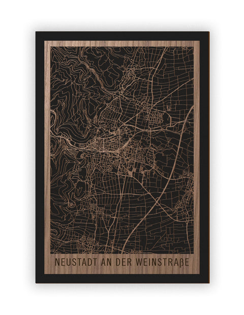 Stadtplan Neustadt an der Weinstraße aus Holz – Wandbild in Nussbaum ohne Rahmen