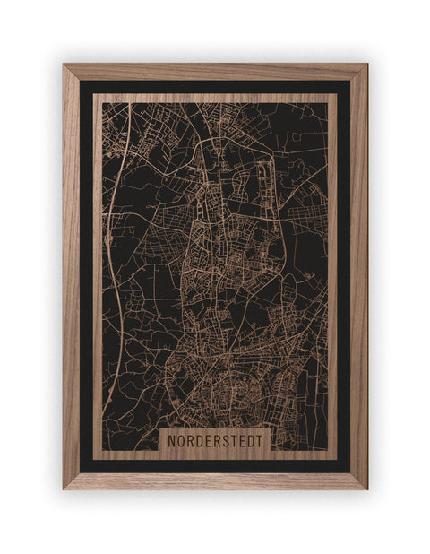Stadtplan Norderstedt aus Holz – Wandbild in Nussbaum mit Rahmen