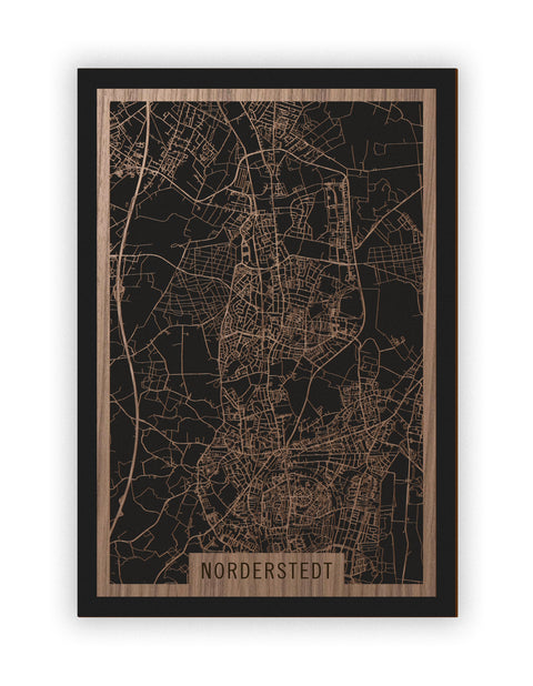 Stadtplan Norderstedt aus Holz – Wandbild in Nussbaum ohne Rahmen