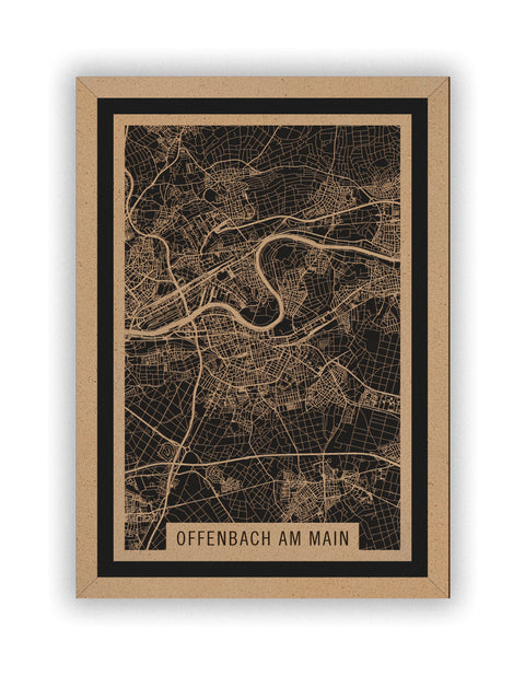 Stadtplan Offenbach am Main aus Holz – Wandbild in Natur mit Rahmen