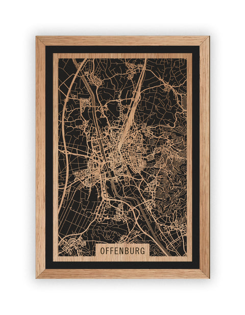 Stadtplan Offenburg aus Holz – Wandbild in Eiche mit Rahmen