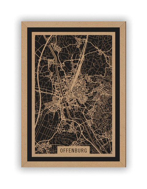 Stadtplan Offenburg aus Holz – Wandbild in Natur mit Rahmen