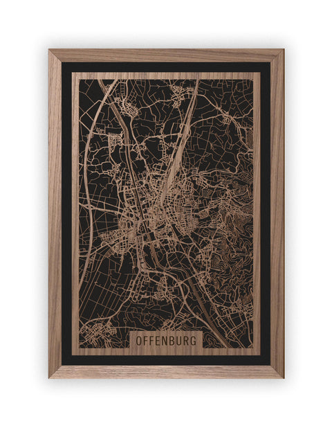 Stadtplan Offenburg aus Holz – Wandbild in Nussbaum mit Rahmen