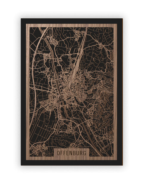 Stadtplan Offenburg aus Holz – Wandbild in Nussbaum ohne Rahmen