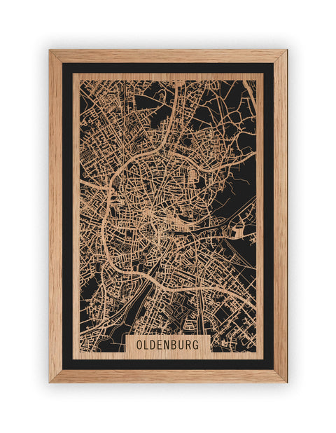 Stadtplan Oldenburg aus Holz – Wandbild in Eiche mit Rahmen