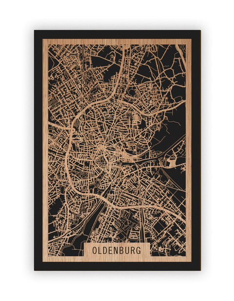 Stadtplan Oldenburg aus Holz – Wandbild in Eiche ohne Rahmen