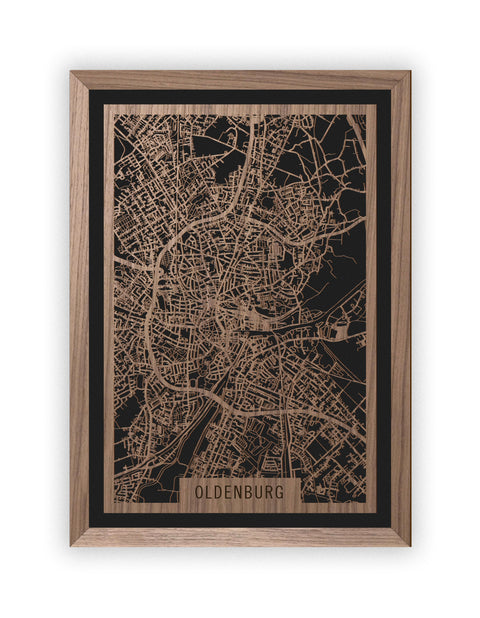 Stadtplan Oldenburg aus Holz – Wandbild in Nussbaum mit Rahmen