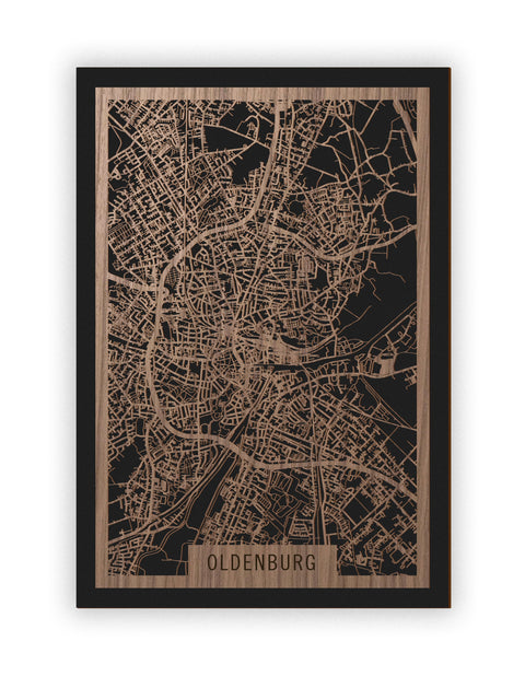 Stadtplan Oldenburg aus Holz – Wandbild in Nussbaum ohne Rahmen