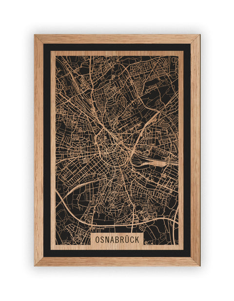Stadtplan Osnabrück aus Holz – Wandbild in Eiche mit Rahmen