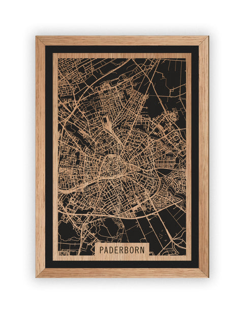 Stadtplan Paderborn aus Holz – Wandbild in Eiche mit Rahmen