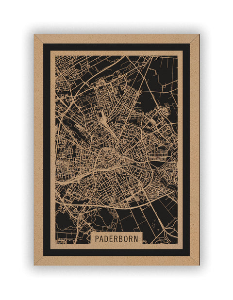 Stadtplan Paderborn aus Holz – Wandbild in Natur mit Rahmen