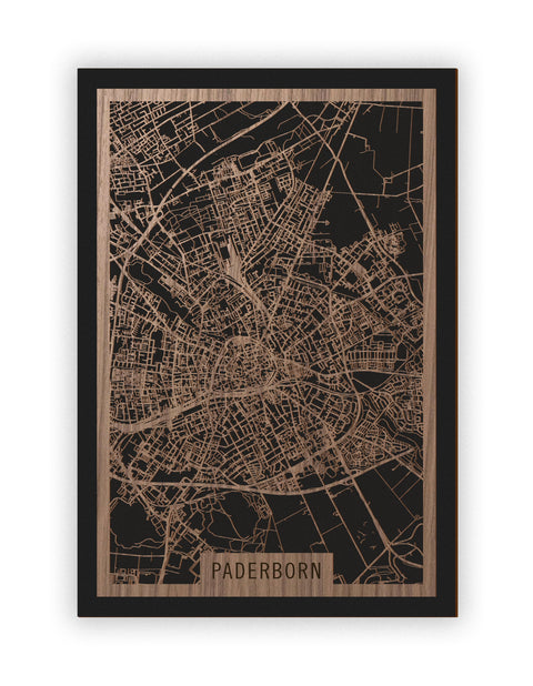 Stadtplan Paderborn aus Holz – Wandbild in Nussbaum ohne Rahmen