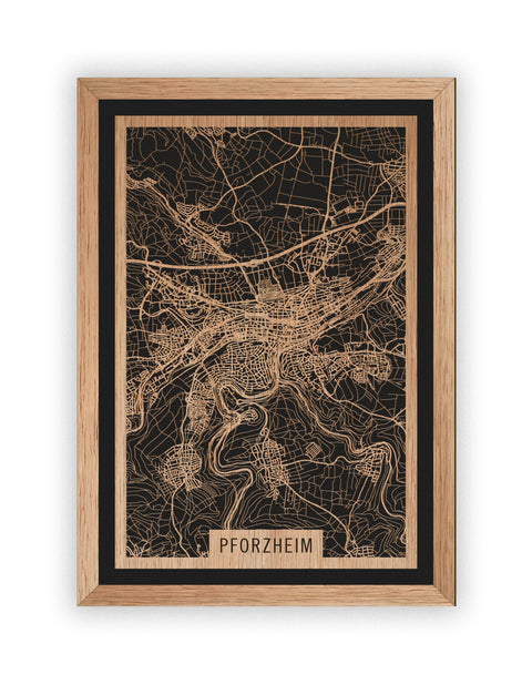 Stadtplan Pforzheim aus Holz – Wandbild in Eiche mit Rahmen