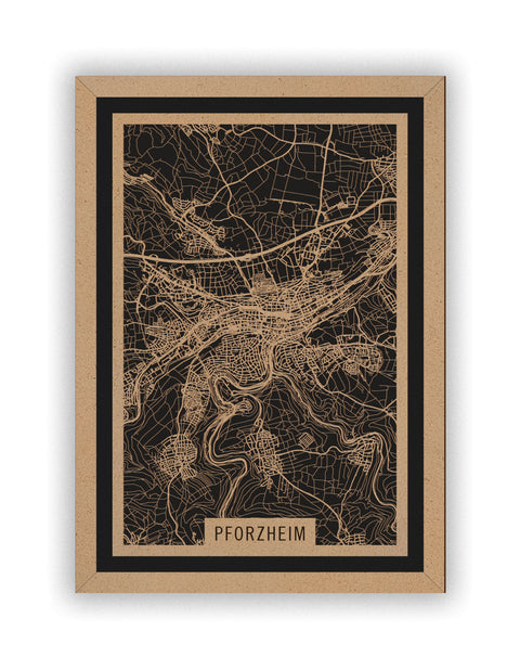 Stadtplan Pforzheim aus Holz – Wandbild in Natur mit Rahmen