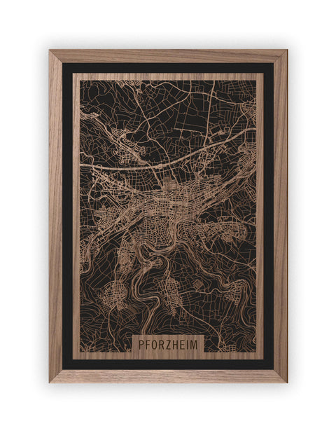 Stadtplan Pforzheim aus Holz – Wandbild in Nussbaum mit Rahmen