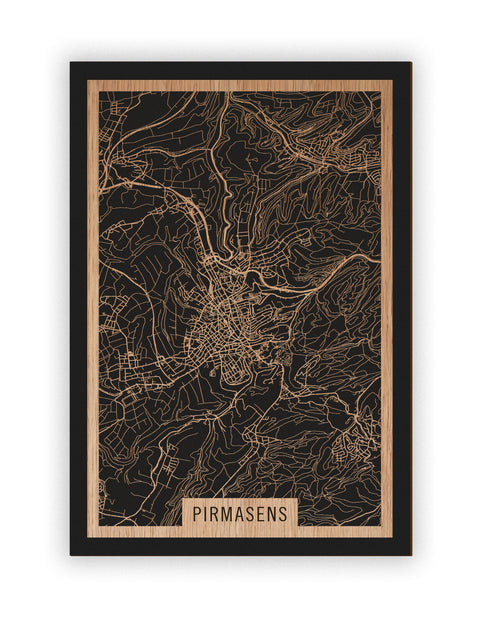 Stadtplan Pirmasens aus Holz – Wandbild in Eiche ohne Rahmen
