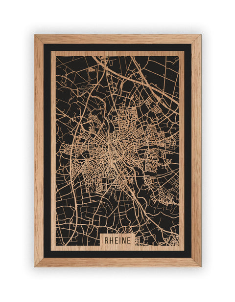 Stadtplan Rheine aus Holz – Wandbild in Eiche mit Rahmen