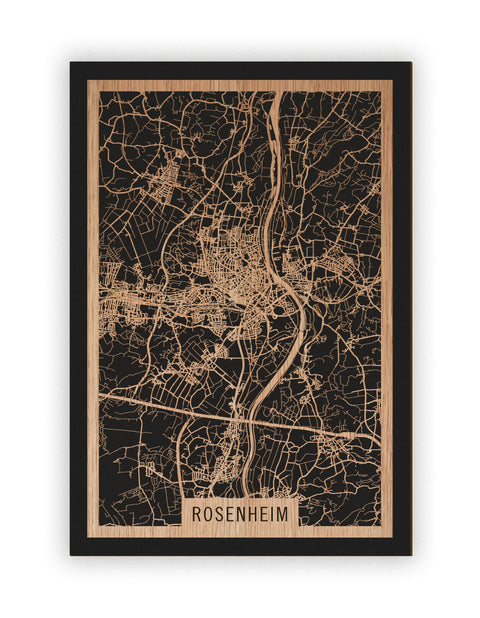Stadtplan Rosenheim aus Holz – Wandbild in Eiche ohne Rahmen
