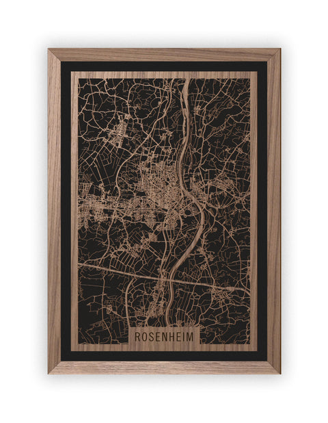 Stadtplan Rosenheim aus Holz – Wandbild in Nussbaum mit Rahmen