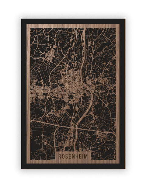 Stadtplan Rosenheim aus Holz – Wandbild in Nussbaum ohne Rahmen