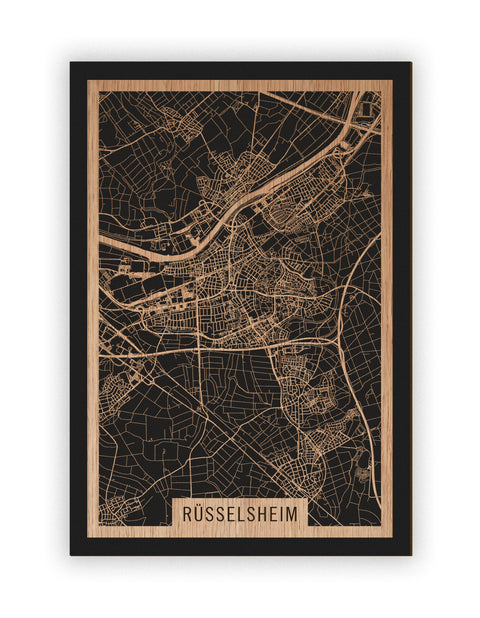 Stadtplan Rüsselsheim aus Holz – Wandbild in Eiche ohne Rahmen