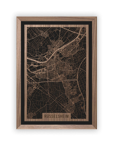Stadtplan Rüsselsheim aus Holz – Wandbild in Nussbaum mit Rahmen
