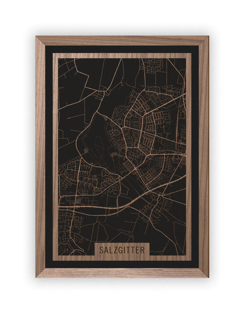 Stadtplan Salzgitter aus Holz – Wandbild in Nussbaum mit Rahmen