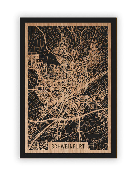 Stadtplan Schweinfurt aus Holz – Wandbild in Eiche ohne Rahmen