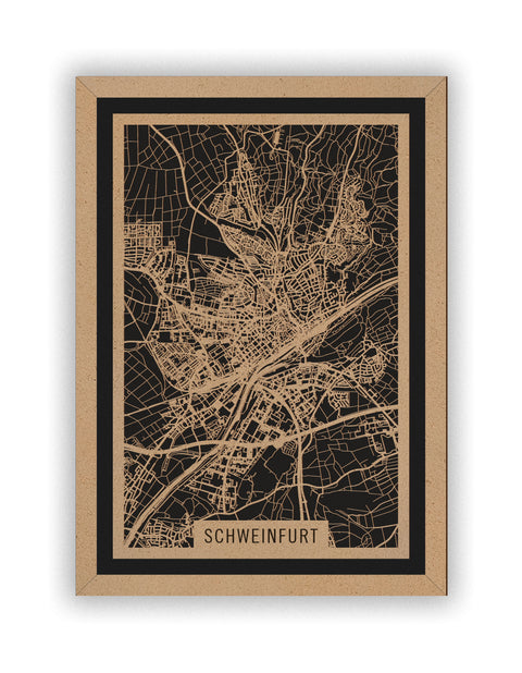 Stadtplan Schweinfurt aus Holz – Wandbild in Natur mit Rahmen
