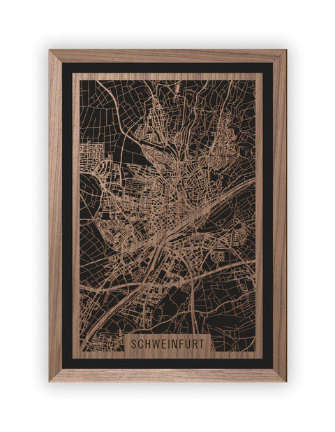 Stadtplan Schweinfurt aus Holz – Wandbild in Nussbaum mit Rahmen