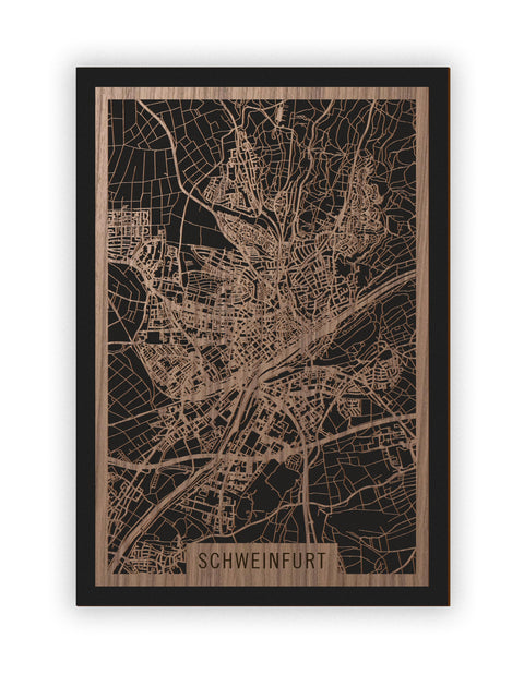 Stadtplan Schweinfurt aus Holz – Wandbild in Nussbaum ohne Rahmen