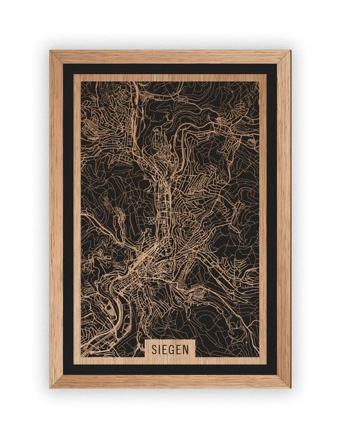 Stadtplan Siegen aus Holz – Wandbild in Eiche mit Rahmen