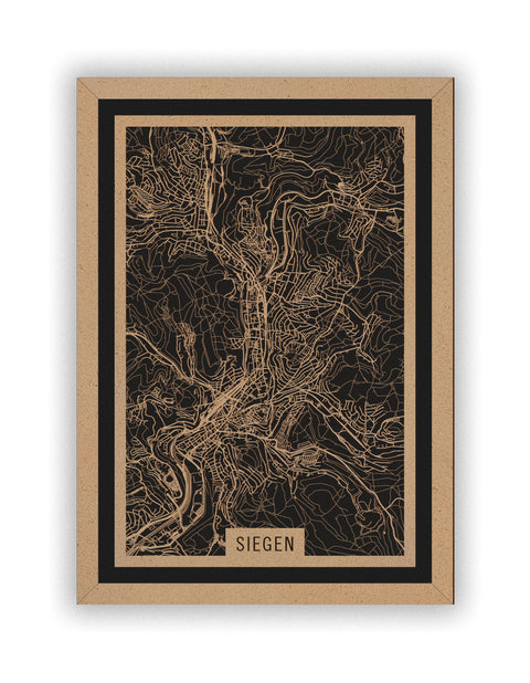 Stadtplan Siegen aus Holz – Wandbild in Natur mit Rahmen