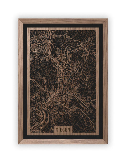 Stadtplan Siegen aus Holz – Wandbild in Nussbaum mit Rahmen