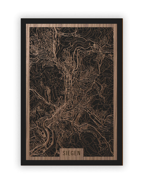 Stadtplan Siegen aus Holz – Wandbild in Nussbaum ohne Rahmen