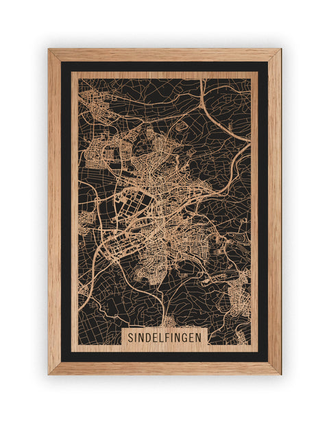 Stadtplan Sindelfingen aus Holz – Wandbild in Eiche mit Rahmen