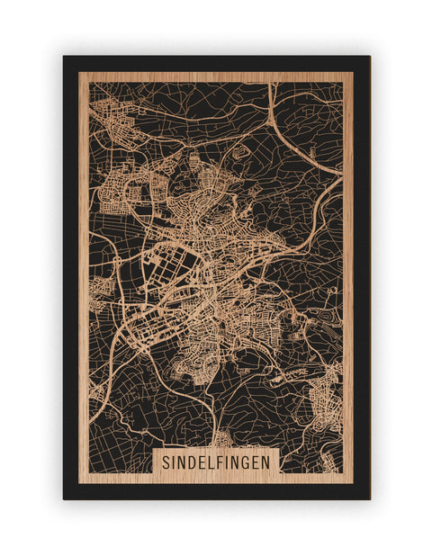 Stadtplan Sindelfingen aus Holz – Wandbild in Eiche ohne Rahmen
