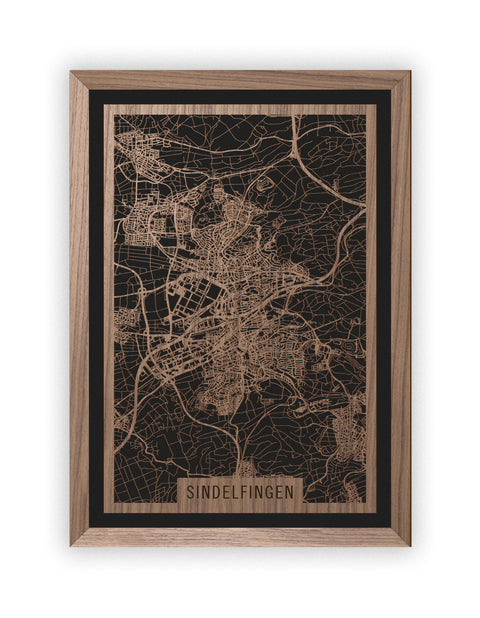 Stadtplan Sindelfingen aus Holz – Wandbild in Nussbaum mit Rahmen