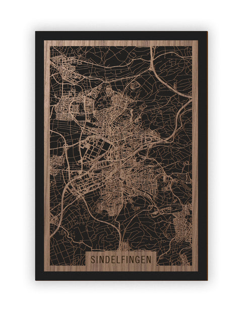 Stadtplan Sindelfingen aus Holz – Wandbild in Nussbaum ohne Rahmen
