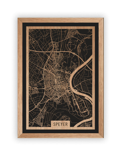 Stadtplan Speyer aus Holz – Wandbild in Eiche mit Rahmen