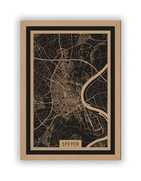 Stadtplan Speyer aus Holz – Wandbild in Natur mit Rahmen