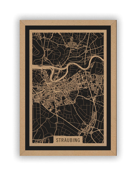 Stadtplan Straubing aus Holz – Wandbild in Natur mit Rahmen