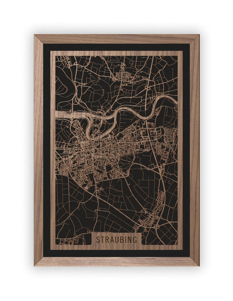 Stadtplan Straubing aus Holz – Wandbild in Nussbaum mit Rahmen