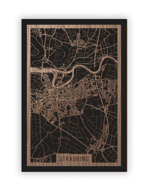 Stadtplan Straubing aus Holz – Wandbild in Nussbaum ohne Rahmen